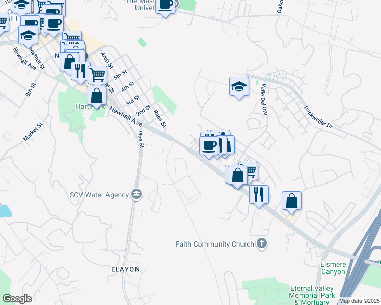 map of restaurants, bars, coffee shops, grocery stores, and more near 23845 Newhall Avenue in Santa Clarita