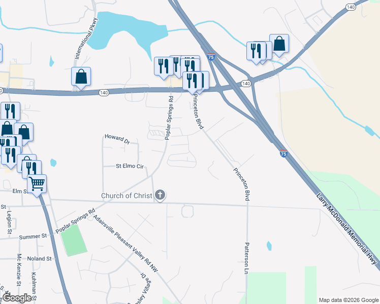 map of restaurants, bars, coffee shops, grocery stores, and more near 18 Princeton Avenue in Adairsville