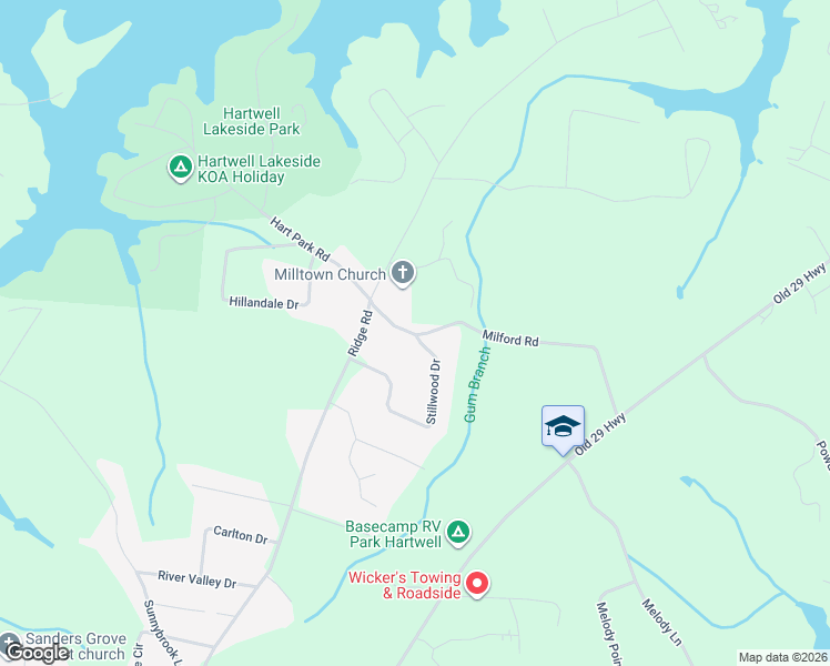 map of restaurants, bars, coffee shops, grocery stores, and more near 572 Milford Road in Hartwell