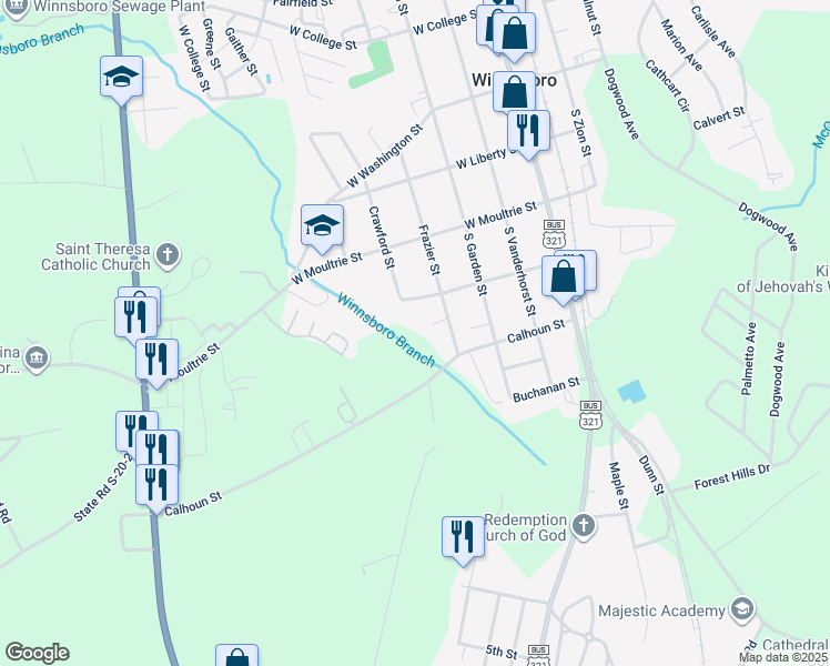map of restaurants, bars, coffee shops, grocery stores, and more near 419 1/2 Frazier Street in Winnsboro