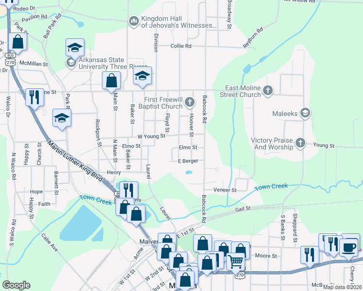 map of restaurants, bars, coffee shops, grocery stores, and more near 222 Elmo Street in Malvern