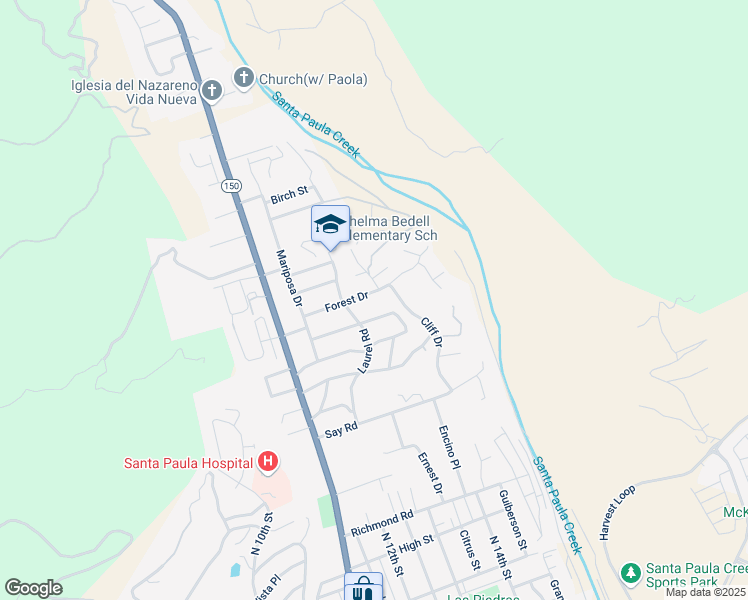 map of restaurants, bars, coffee shops, grocery stores, and more near 1328 Forest Drive in Santa Paula