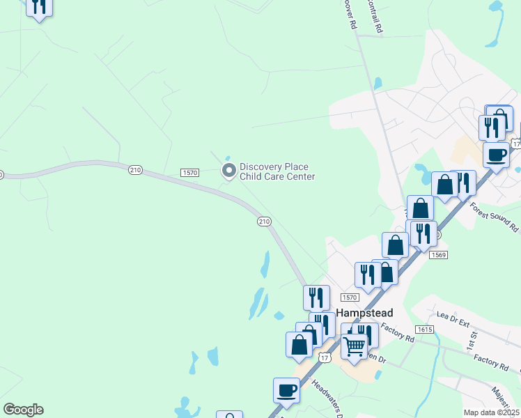 map of restaurants, bars, coffee shops, grocery stores, and more near 534 Highway 210 in Hampstead