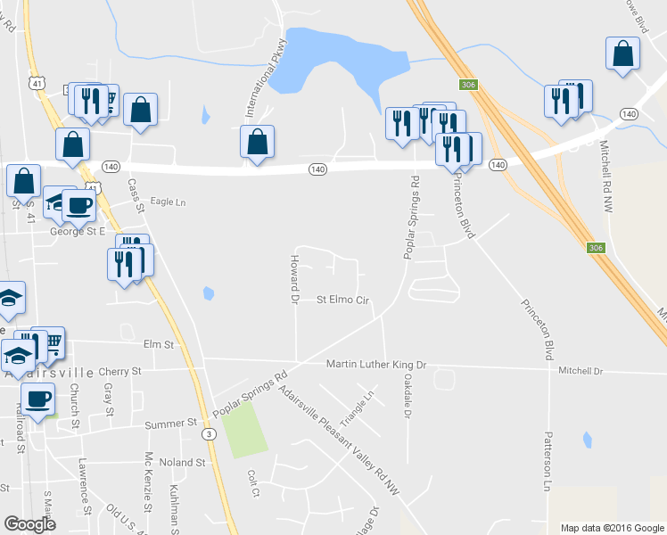 map of restaurants, bars, coffee shops, grocery stores, and more near 164 2nd Street in Adairsville