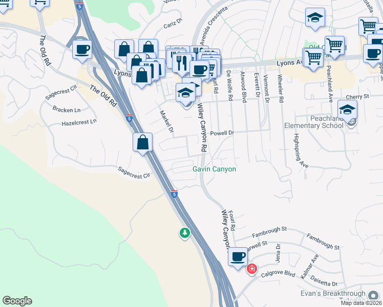 map of restaurants, bars, coffee shops, grocery stores, and more near 25042 Kerry Robin Drive in Santa Clarita