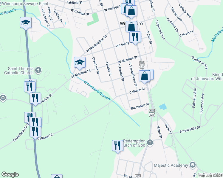 map of restaurants, bars, coffee shops, grocery stores, and more near 419 1/2 Frazier Street in Winnsboro