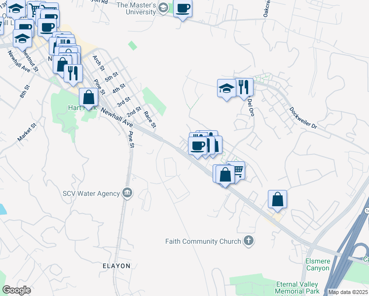 map of restaurants, bars, coffee shops, grocery stores, and more near 23845 Newhall Avenue in Santa Clarita