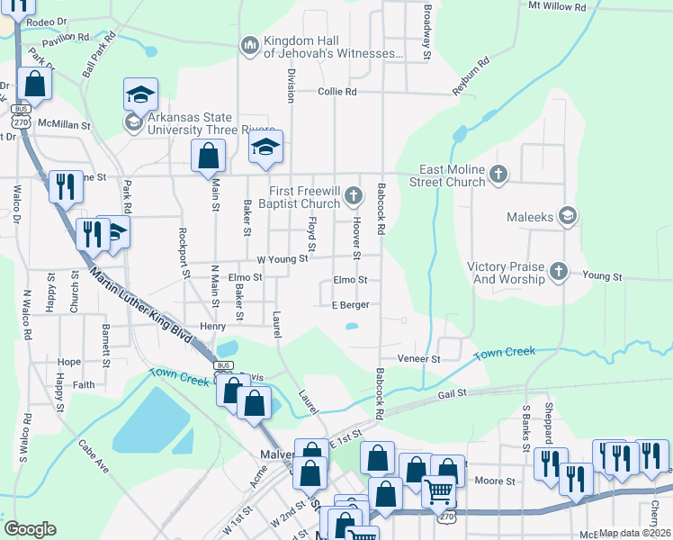 map of restaurants, bars, coffee shops, grocery stores, and more near 222 Elmo Street in Malvern