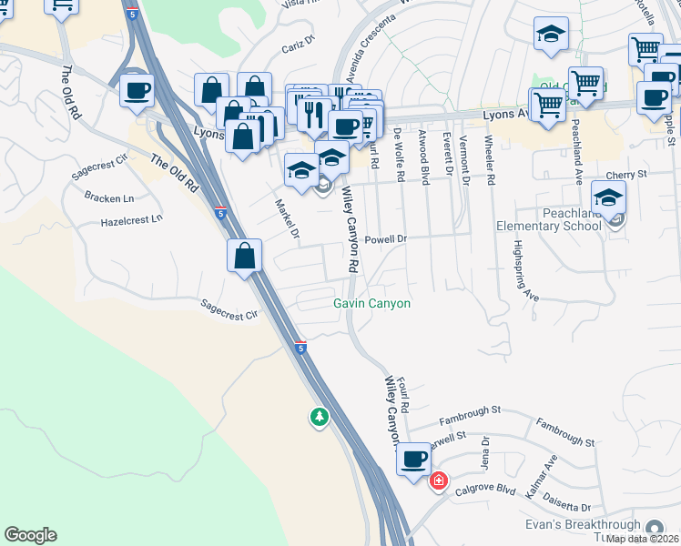 map of restaurants, bars, coffee shops, grocery stores, and more near 25042 Kerry Robin Drive in Santa Clarita
