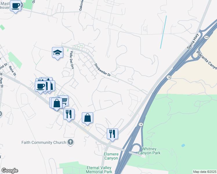 map of restaurants, bars, coffee shops, grocery stores, and more near 23810 Oak View Lane in Santa Clarita