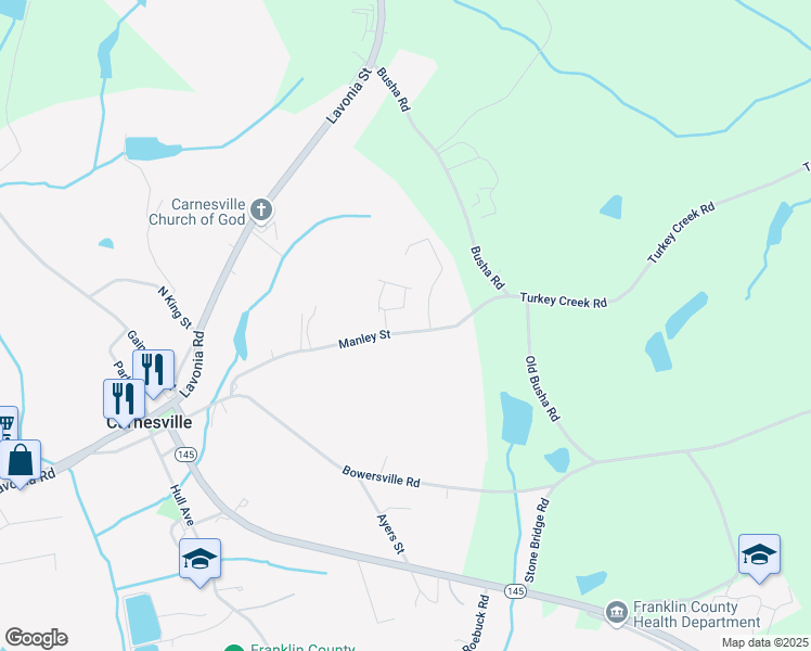 map of restaurants, bars, coffee shops, grocery stores, and more near 2934 Manley Street in Carnesville