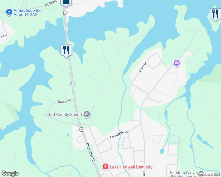 map of restaurants, bars, coffee shops, grocery stores, and more near 187 Pinecrest Drive in Hartwell
