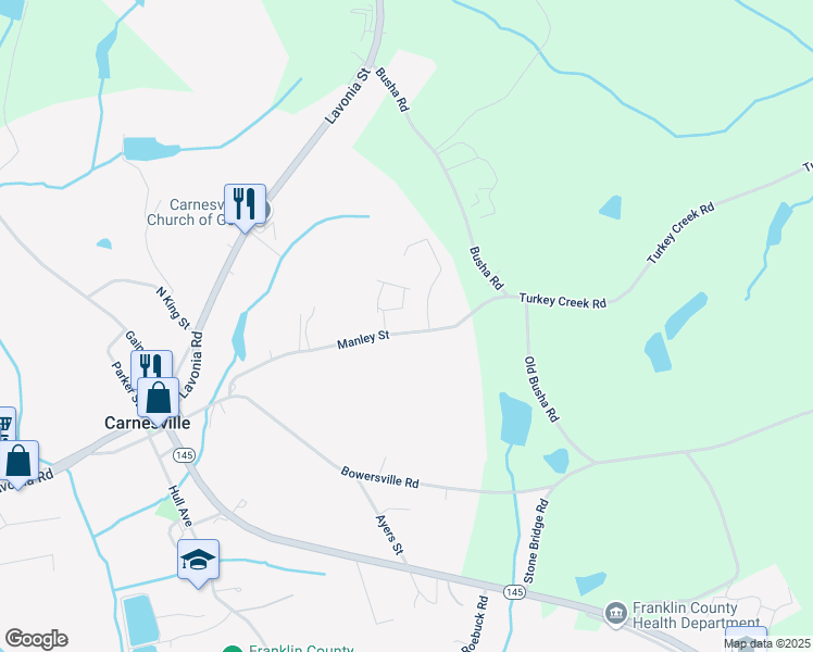 map of restaurants, bars, coffee shops, grocery stores, and more near 2934 Manley Street in Carnesville