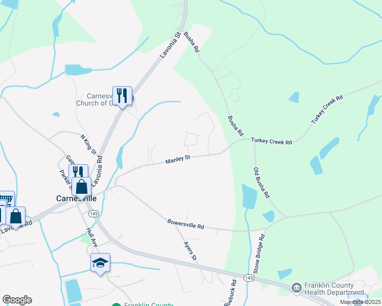 map of restaurants, bars, coffee shops, grocery stores, and more near 2954 Manley Street in Carnesville