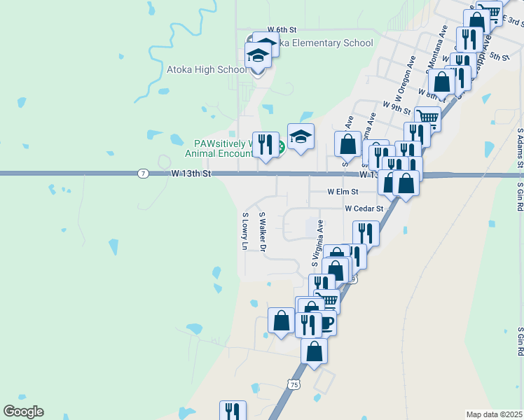 map of restaurants, bars, coffee shops, grocery stores, and more near 1407 South Walker Drive in Atoka