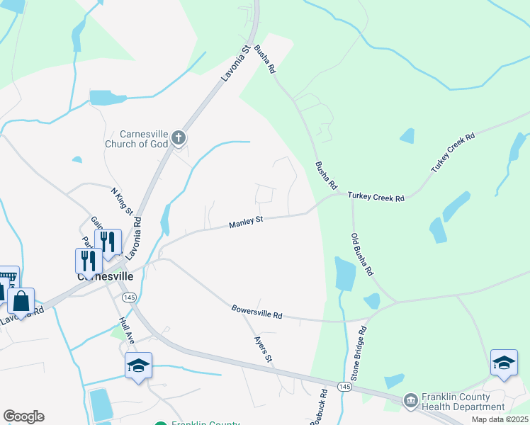 map of restaurants, bars, coffee shops, grocery stores, and more near 2954 Manley Street in Carnesville