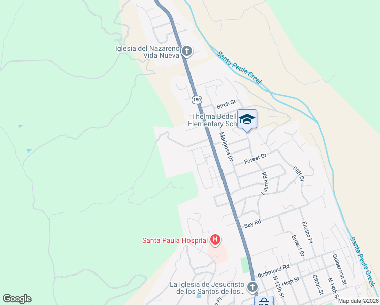 map of restaurants, bars, coffee shops, grocery stores, and more near 1248 Redbud street in Santa Paula