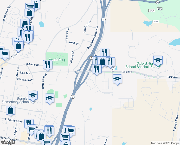 map of restaurants, bars, coffee shops, grocery stores, and more near Sisk Avenue in Oxford