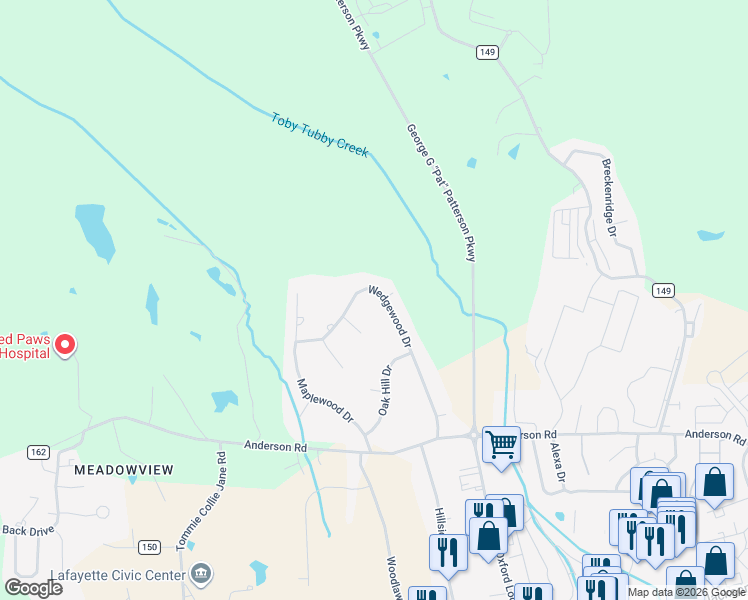map of restaurants, bars, coffee shops, grocery stores, and more near 527 Wedgewood Drive in Oxford