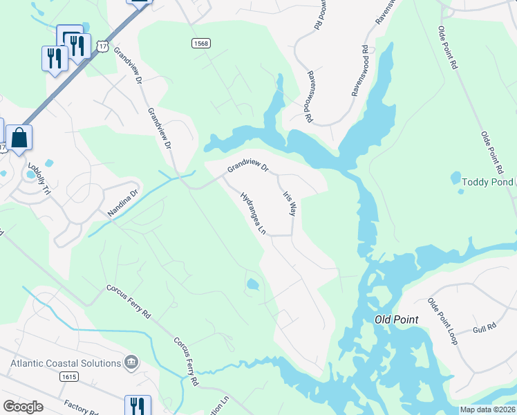 map of restaurants, bars, coffee shops, grocery stores, and more near Hydrangea Ln in Hampstead