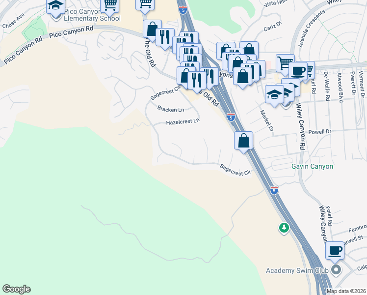 map of restaurants, bars, coffee shops, grocery stores, and more near 25024 Hollyhock Court in Stevenson Ranch