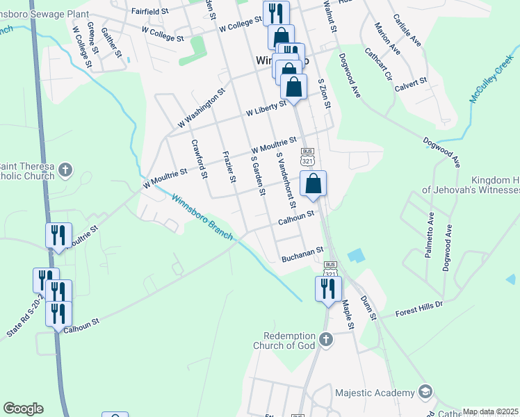 map of restaurants, bars, coffee shops, grocery stores, and more near 434 Frazier Street in Winnsboro