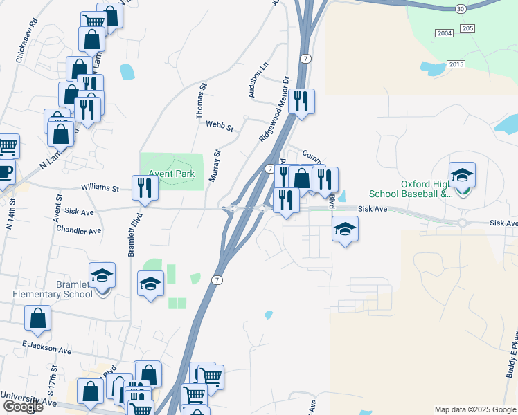 map of restaurants, bars, coffee shops, grocery stores, and more near Sisk Avenue in Oxford