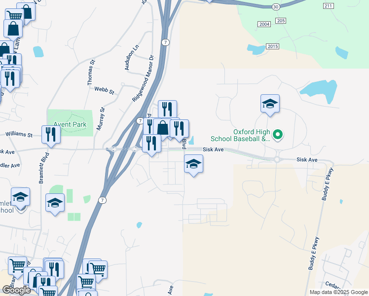 map of restaurants, bars, coffee shops, grocery stores, and more near Commonwealth Boulevard in Oxford