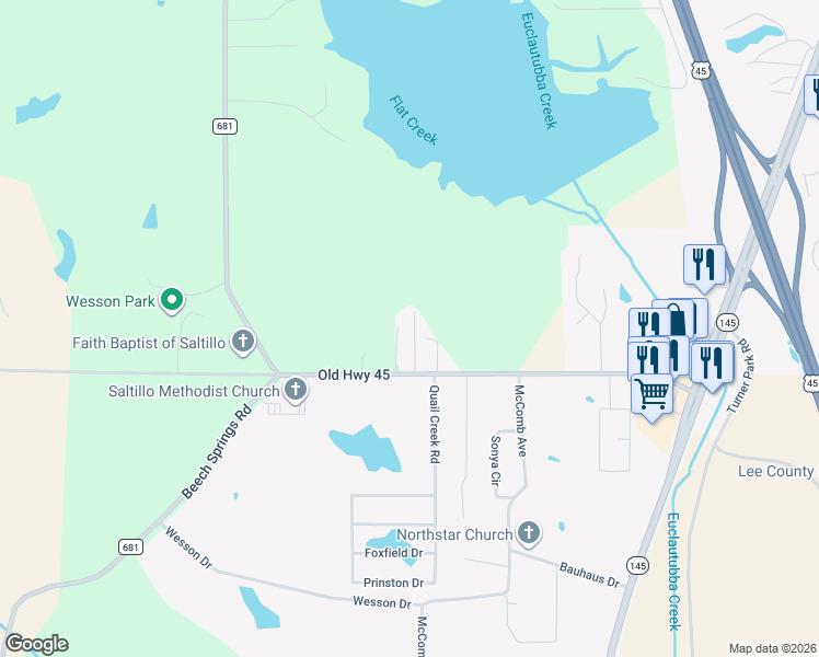 map of restaurants, bars, coffee shops, grocery stores, and more near 678-790 Old Highway 45 in Saltillo