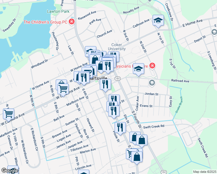 map of restaurants, bars, coffee shops, grocery stores, and more near 115 Cargill Way in Hartsville