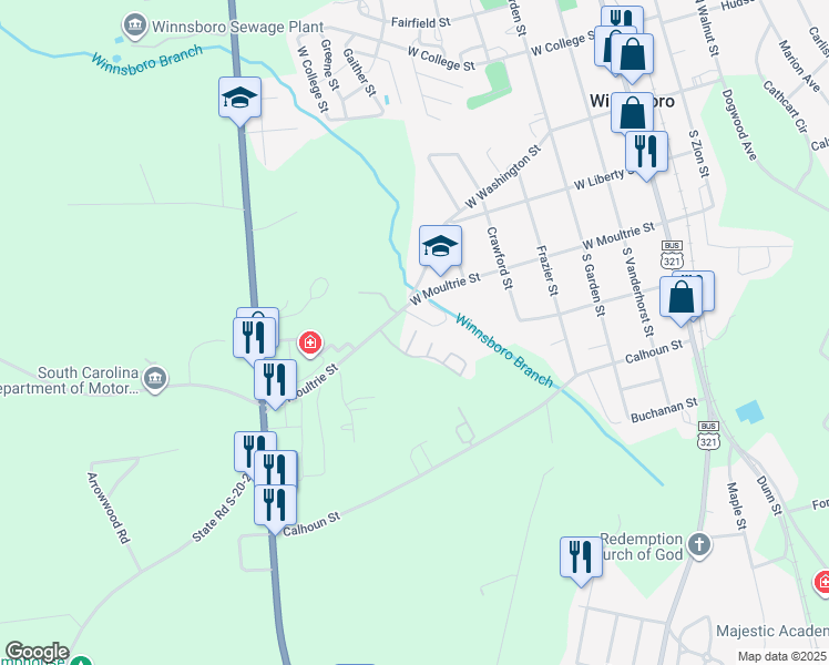 map of restaurants, bars, coffee shops, grocery stores, and more near 701 West Moultrie Street in Winnsboro