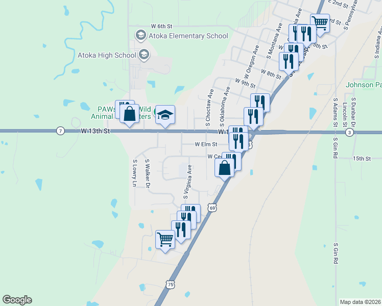 map of restaurants, bars, coffee shops, grocery stores, and more near 608 West Elm Street in Atoka