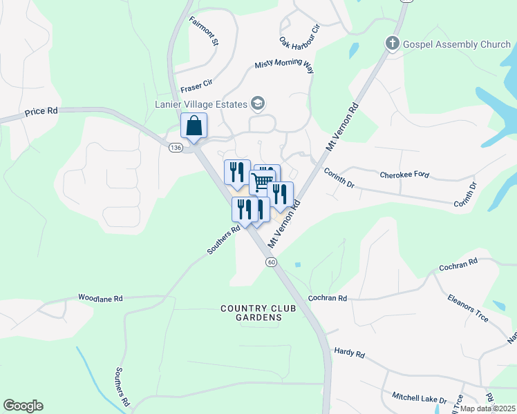 map of restaurants, bars, coffee shops, grocery stores, and more near 3630 Thompson Bridge Road in Gainesville