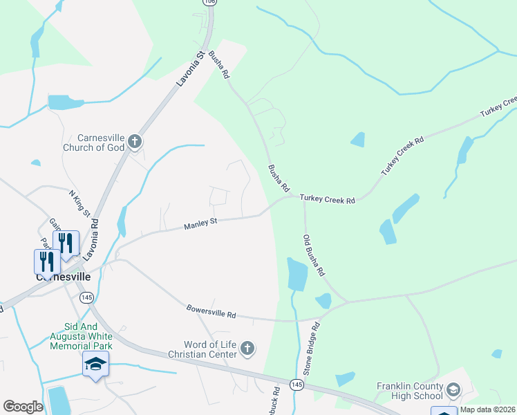 map of restaurants, bars, coffee shops, grocery stores, and more near 2814 Manley Street in Carnesville