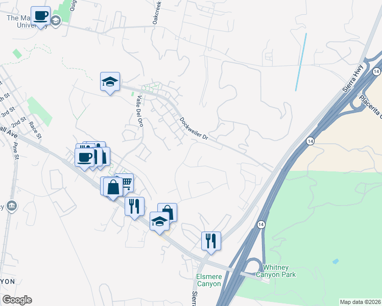 map of restaurants, bars, coffee shops, grocery stores, and more near 23808 Oakhurst Drive in Santa Clarita