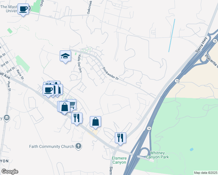 map of restaurants, bars, coffee shops, grocery stores, and more near 23808 Oakhurst Drive in Santa Clarita