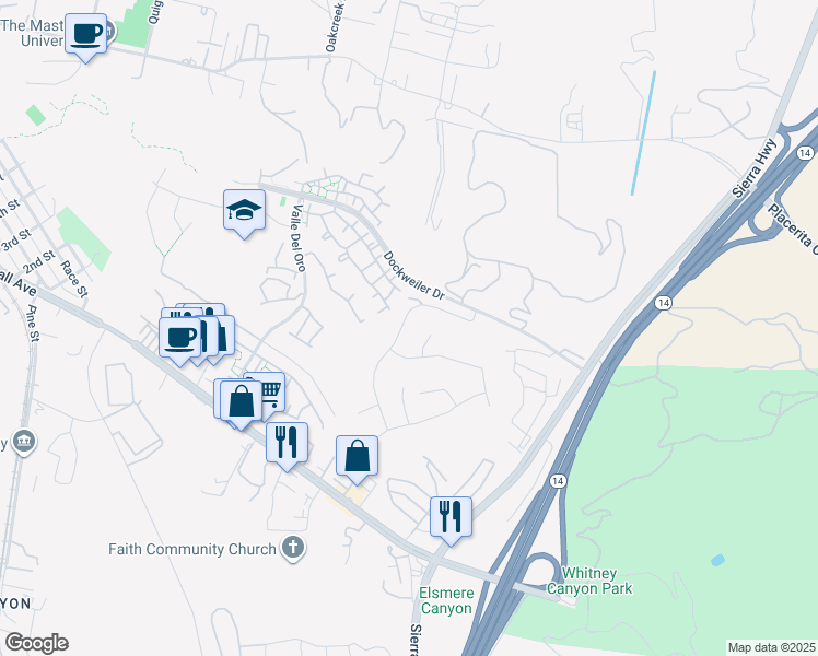 map of restaurants, bars, coffee shops, grocery stores, and more near 23808 Oakhurst Drive in Santa Clarita