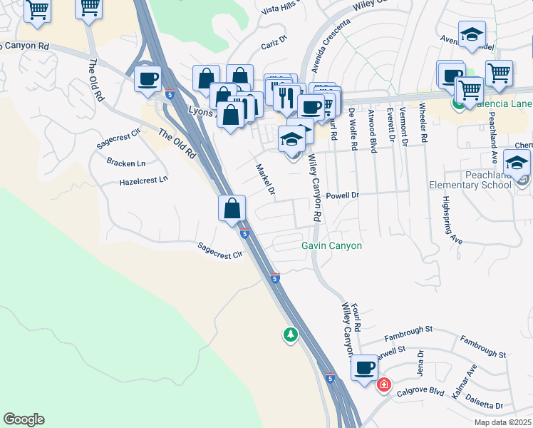 map of restaurants, bars, coffee shops, grocery stores, and more near 24407 Jennifer Place in Santa Clarita