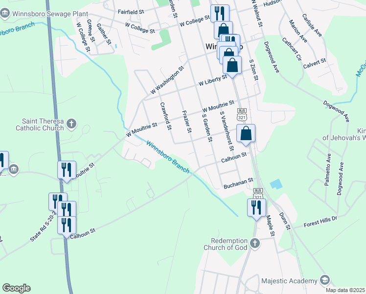 map of restaurants, bars, coffee shops, grocery stores, and more near 408 Palmer Street in Winnsboro