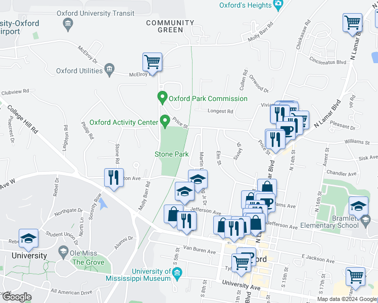 map of restaurants, bars, coffee shops, grocery stores, and more near 715 Martin Luther King Junior Circle in Oxford
