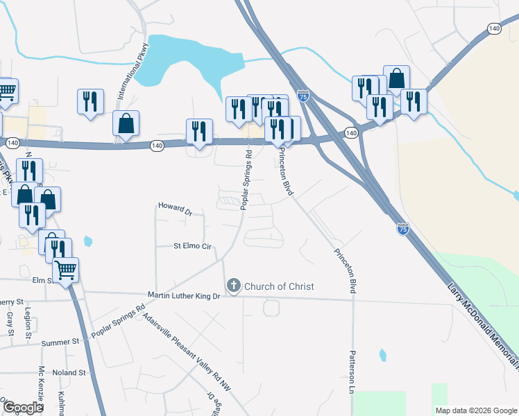 map of restaurants, bars, coffee shops, grocery stores, and more near 46 Princeton Glen Court in Adairsville