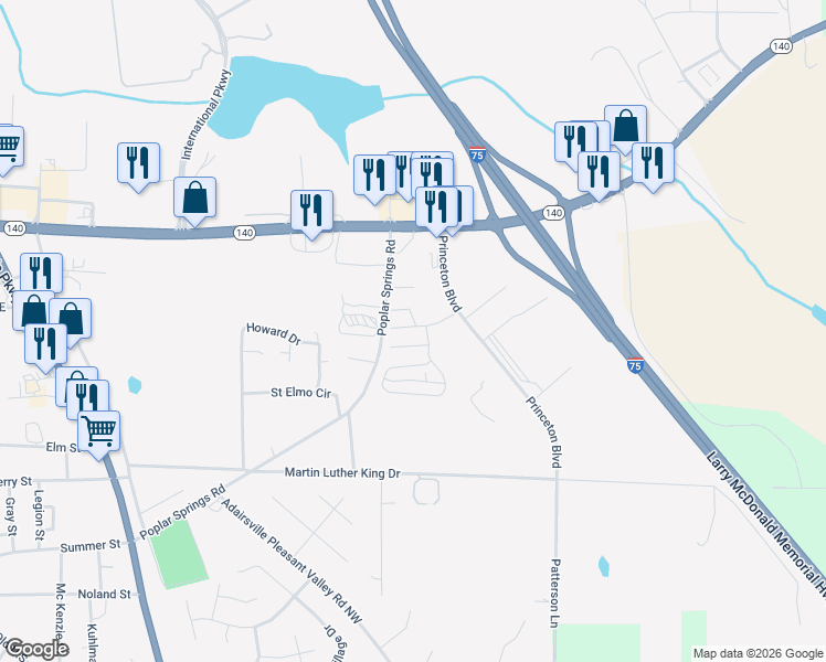 map of restaurants, bars, coffee shops, grocery stores, and more near 69 Princeton Glen Court in Adairsville