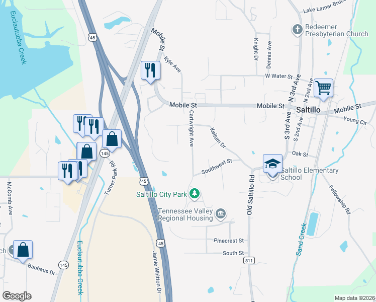 map of restaurants, bars, coffee shops, grocery stores, and more near 145 Cartwright Avenue in Saltillo