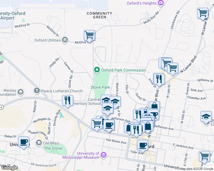 map of restaurants, bars, coffee shops, grocery stores, and more near Oxford Depot Trail in Oxford