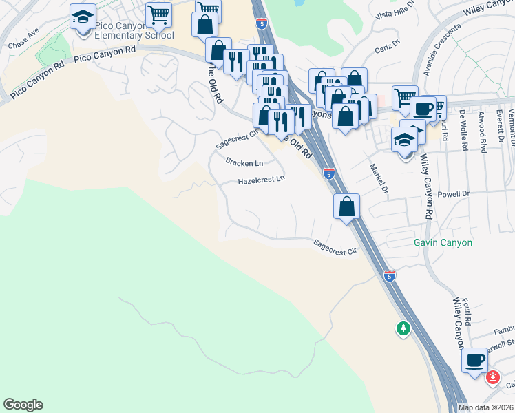 map of restaurants, bars, coffee shops, grocery stores, and more near 25042 Hollyhock Court in Stevenson Ranch