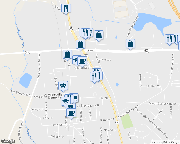 map of restaurants, bars, coffee shops, grocery stores, and more near 216 George Street in Adairsville