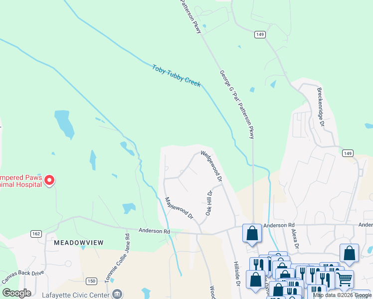 map of restaurants, bars, coffee shops, grocery stores, and more near 527 Wedgewood Drive in Oxford