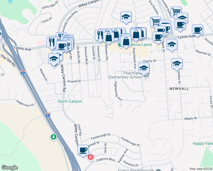 map of restaurants, bars, coffee shops, grocery stores, and more near 25073 Wheeler Road in Santa Clarita