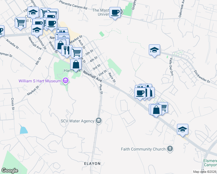 map of restaurants, bars, coffee shops, grocery stores, and more near 23953 Newhall Avenue in Santa Clarita