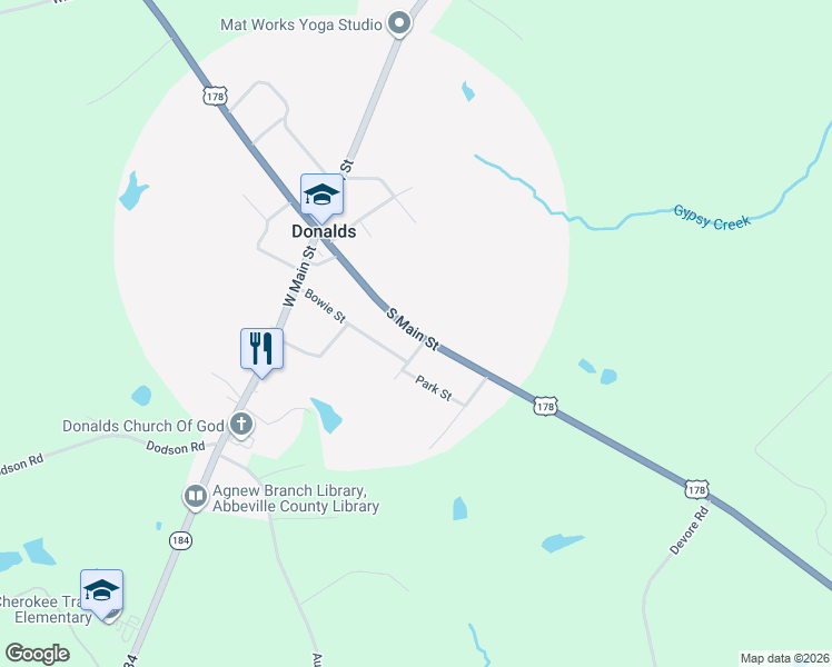 map of restaurants, bars, coffee shops, grocery stores, and more near South Main Street in Donalds